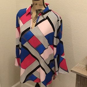 Print 3/4 Bell Sleeve Top with Collar
